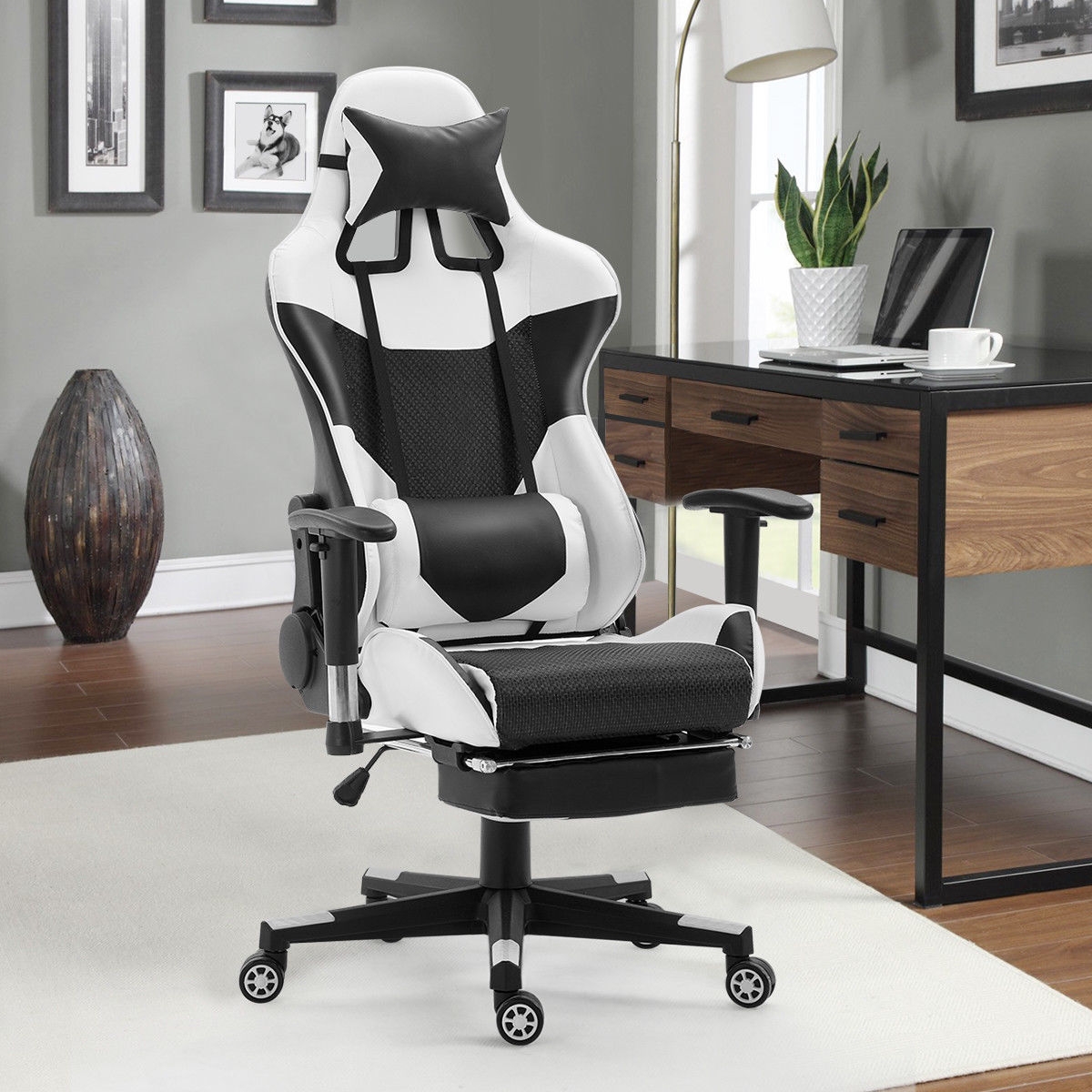 Ergonomic High Back Racing Gaming Chair w/ Lumbar Support & Footrest-White - FastSupreme | Your