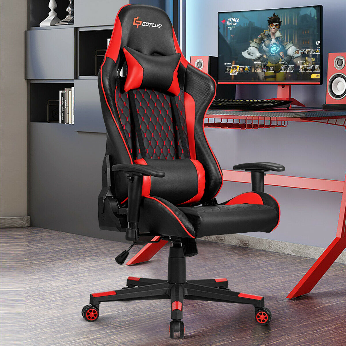 Lumbar Support and Headrest Massage Reclining Gaming Chair-Red