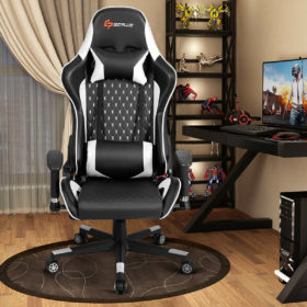 Lumbar Support and Headrest Massage Reclining Gaming Chair-White